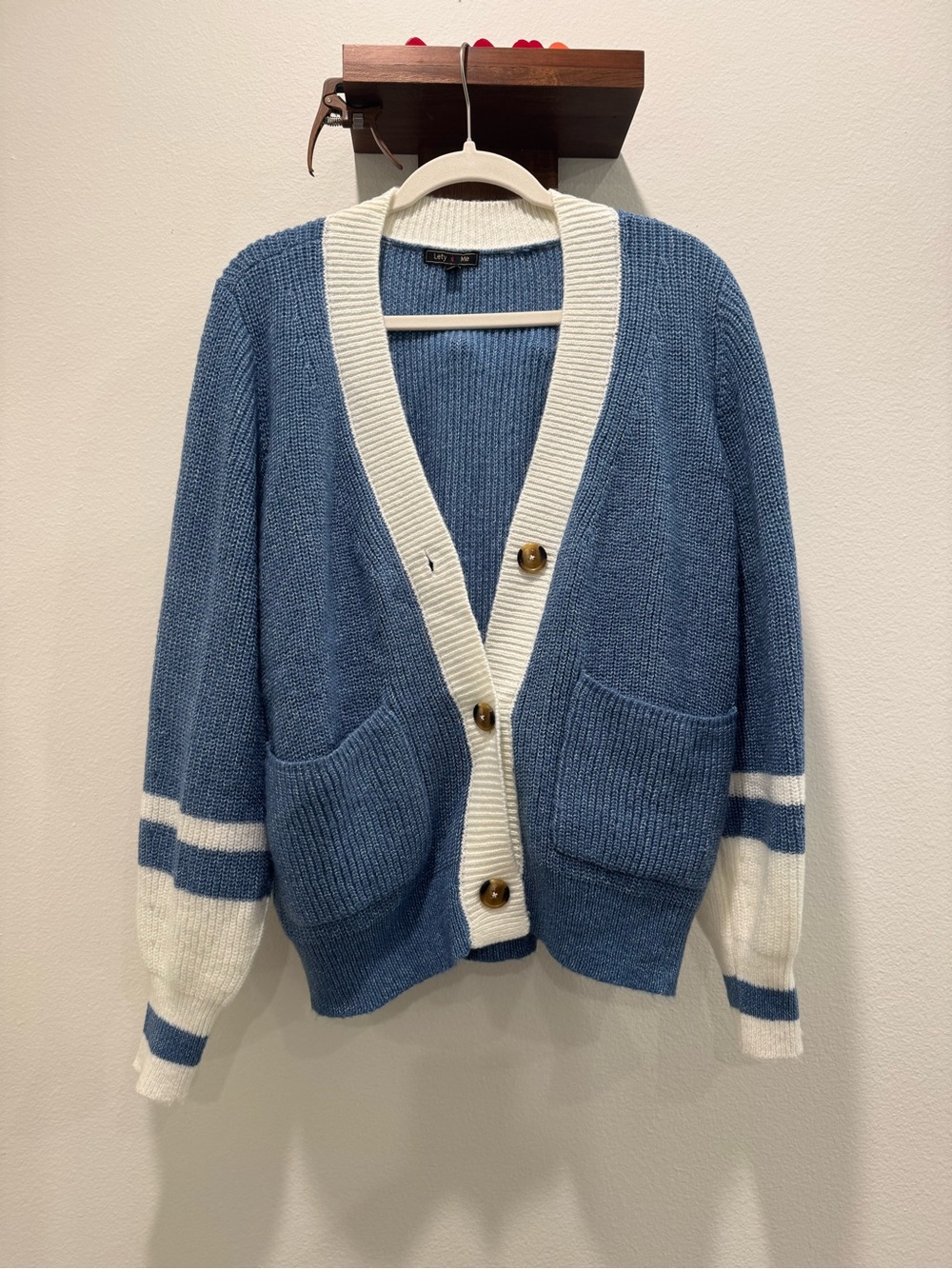 Relaxed Blue Cardigan with Cream Contrast Trim - Women's